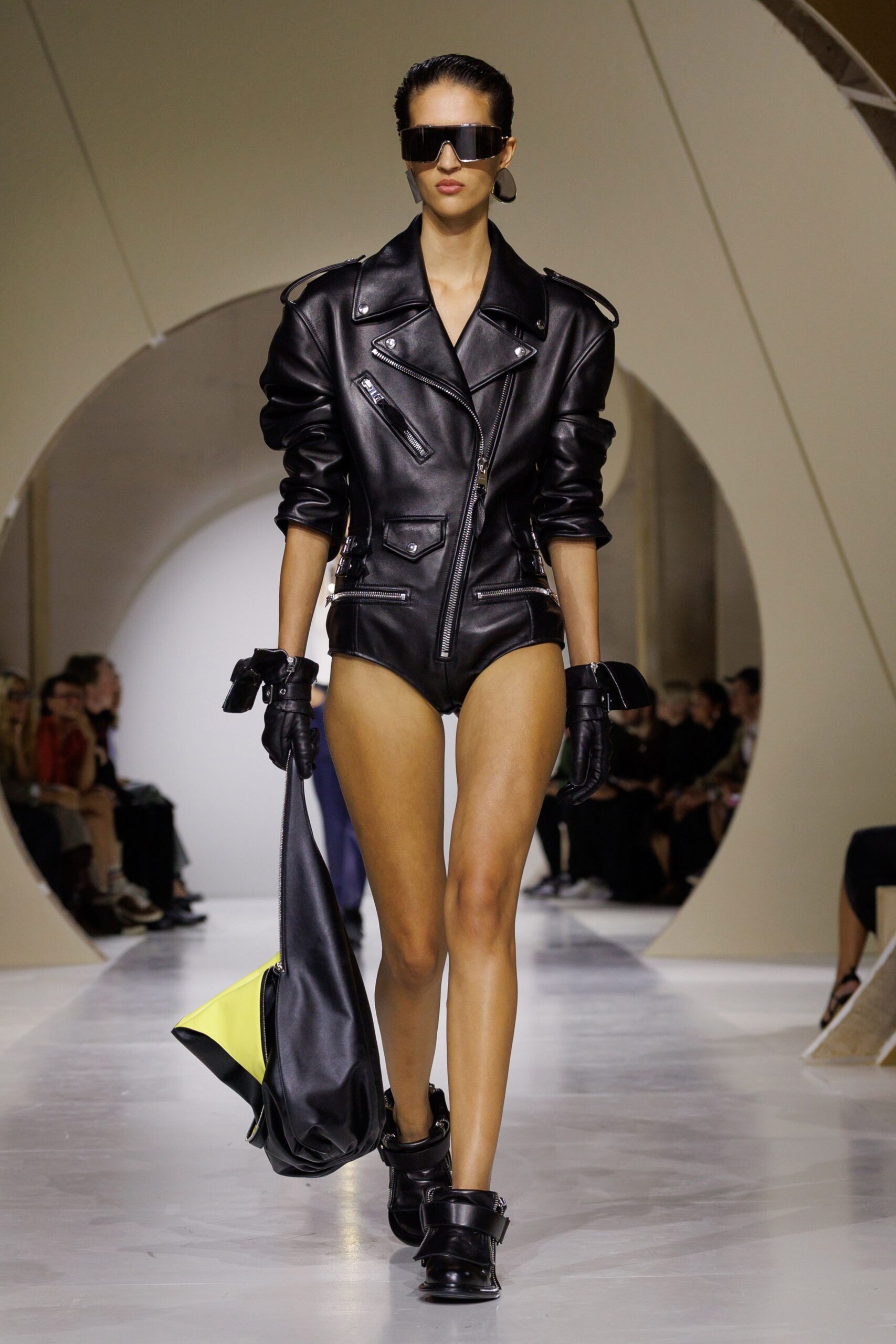 black leather long-sleeve collared fitted zippered pockets bodysuit