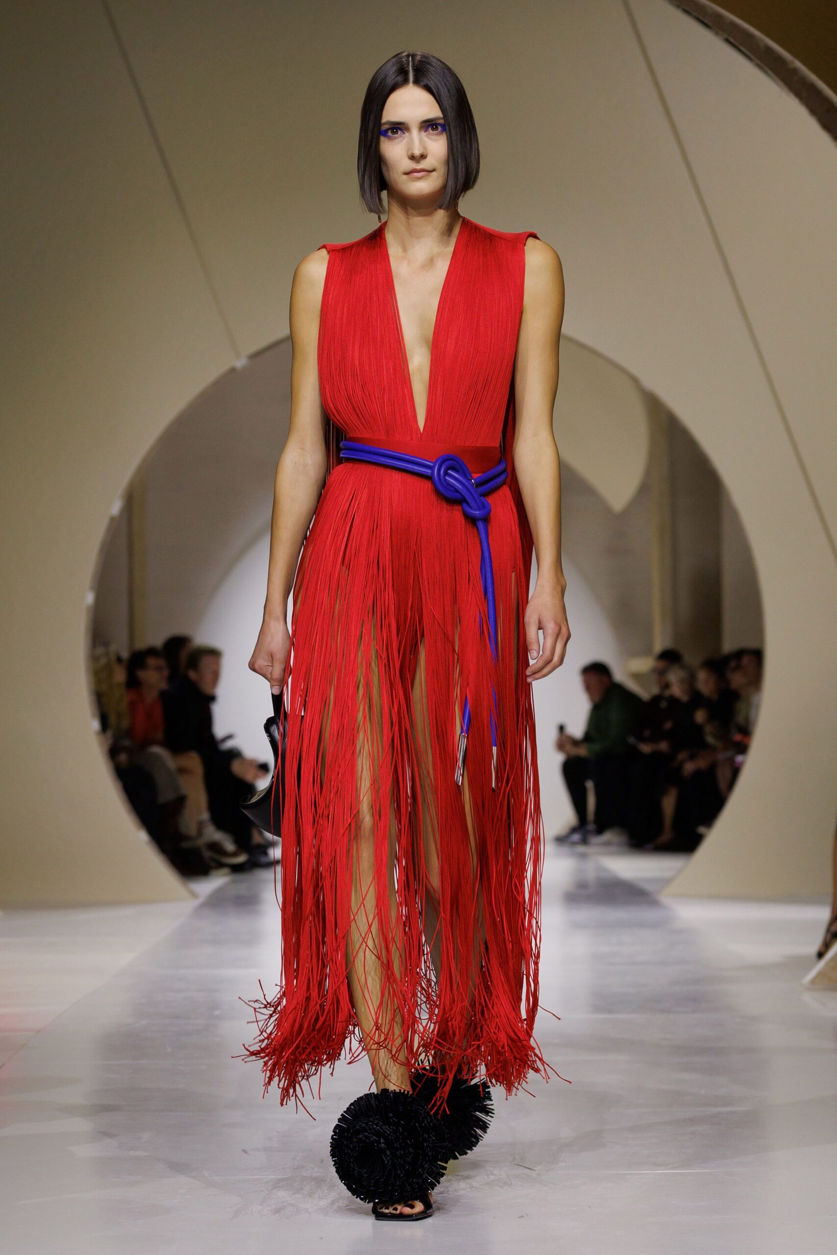 red fringe plunge dress