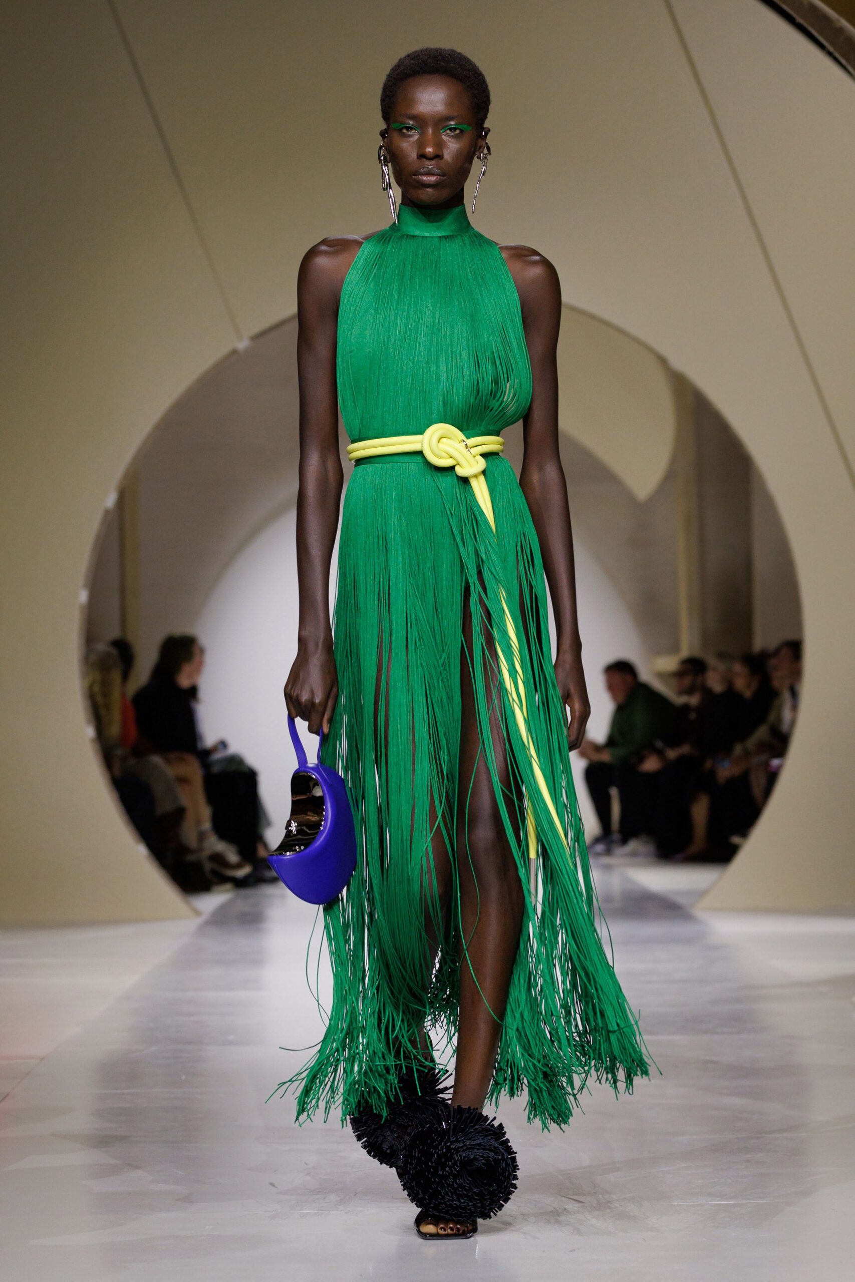 green fringe halter evening gown