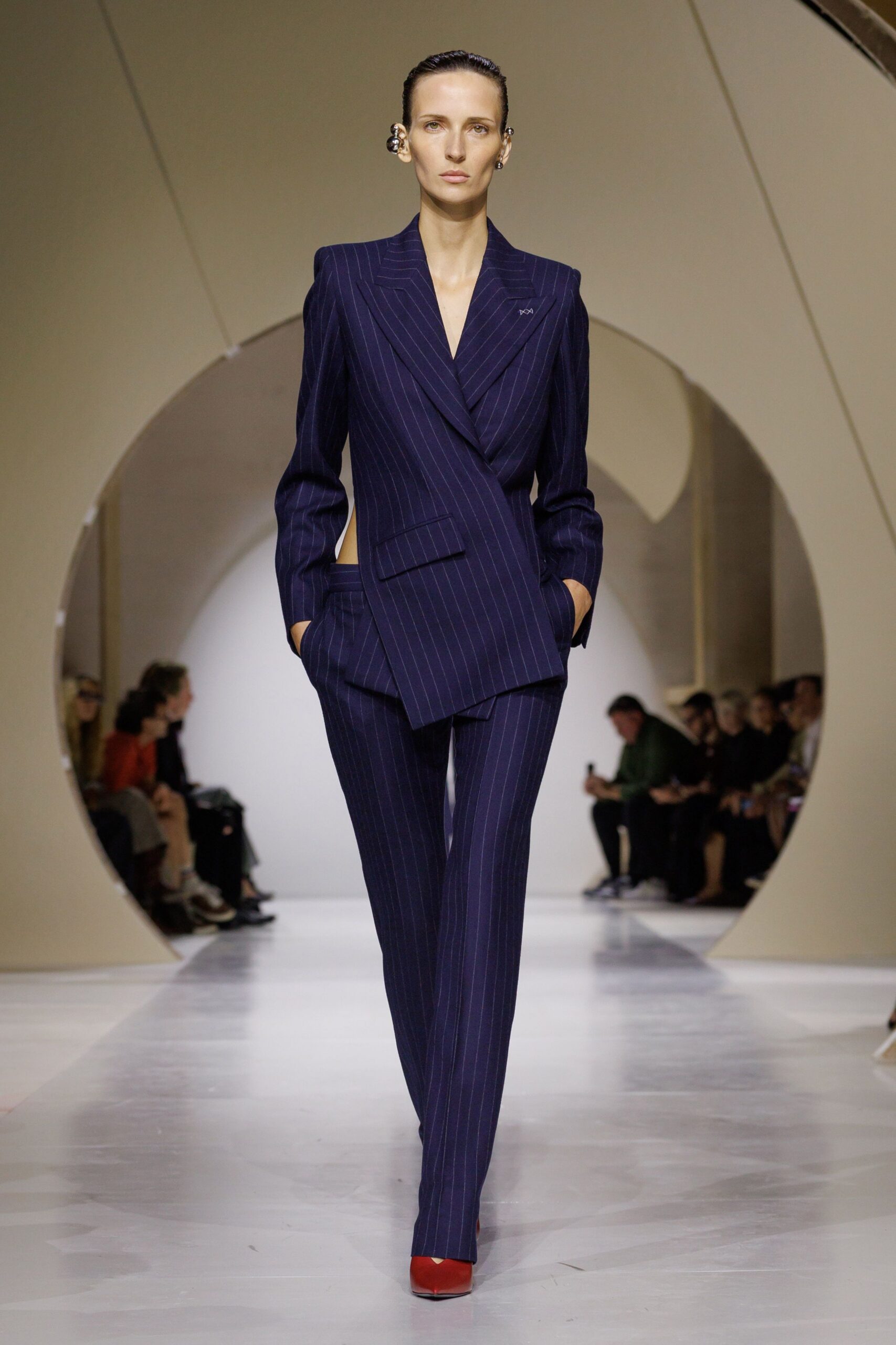 blue pinstripe wrap blazer