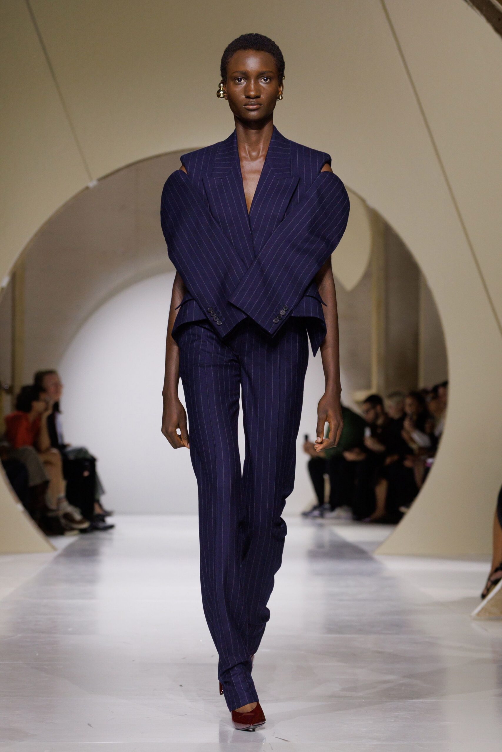 cutout shoulder pinstripe jacket