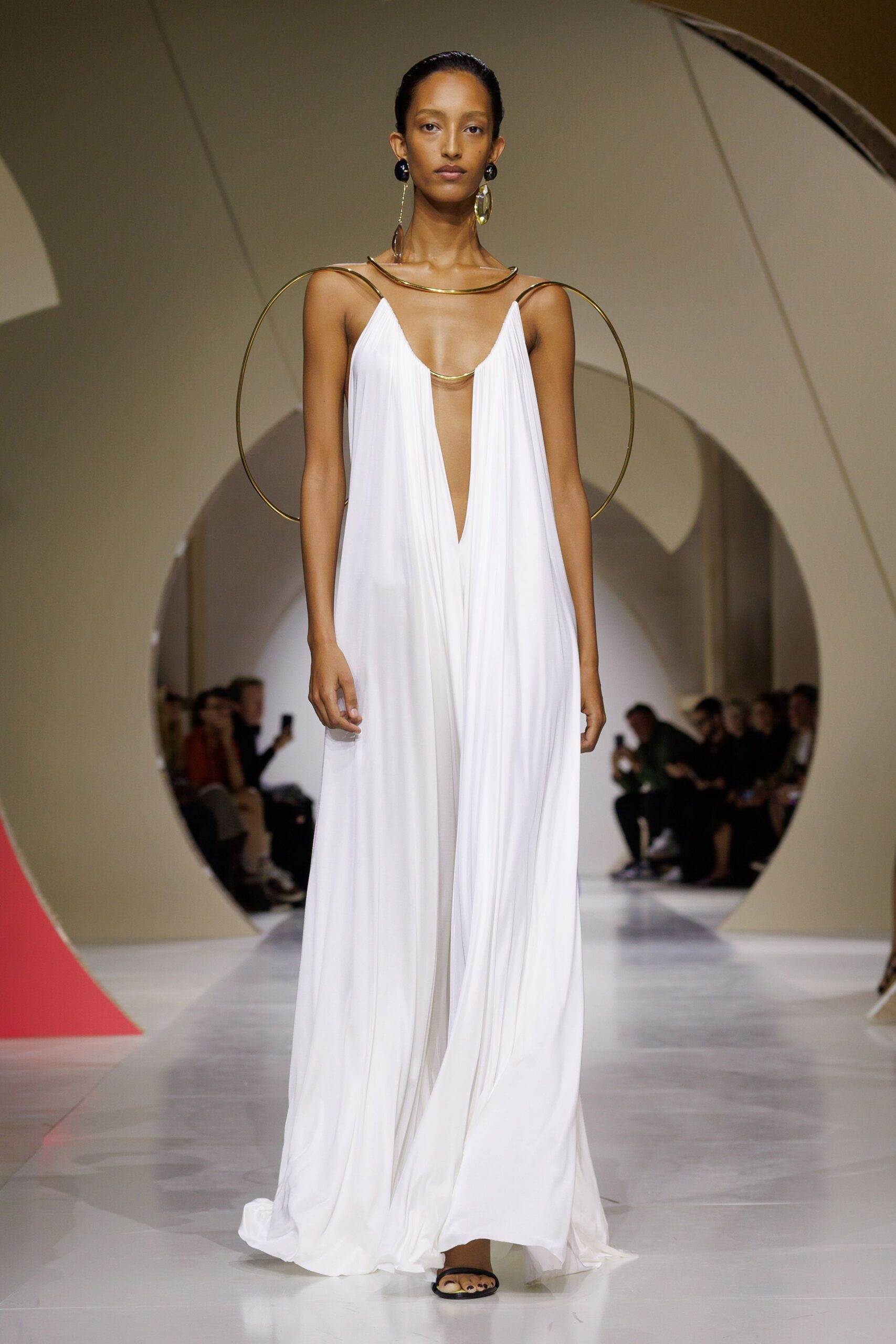 plunging white pleated chiffon gown