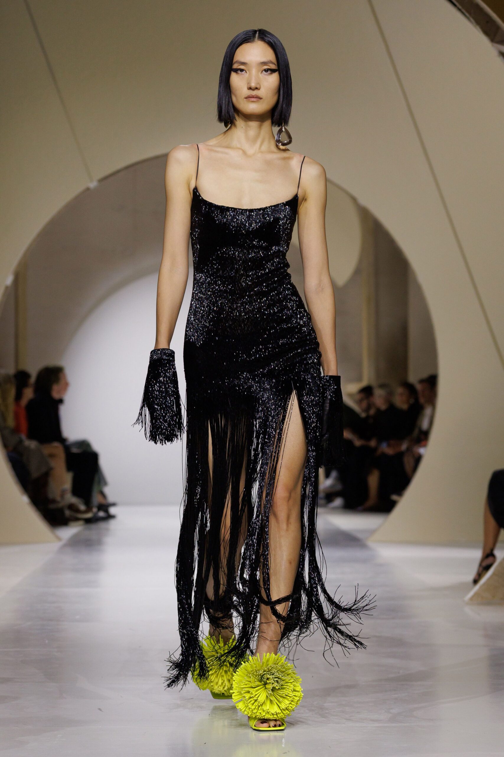 black sequin fringed shiny gloves