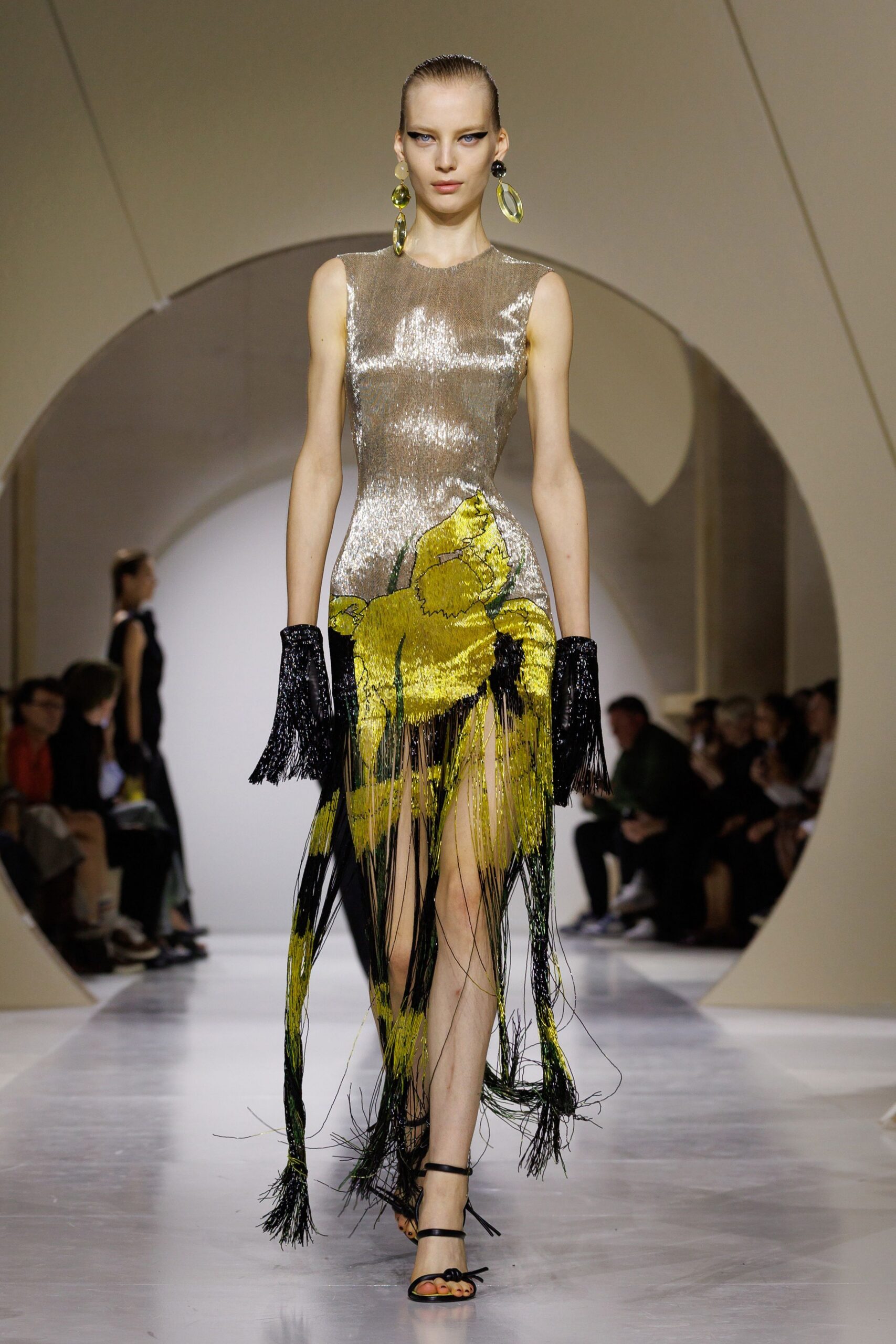 black sequin fringed embellished sheer shiny gloves