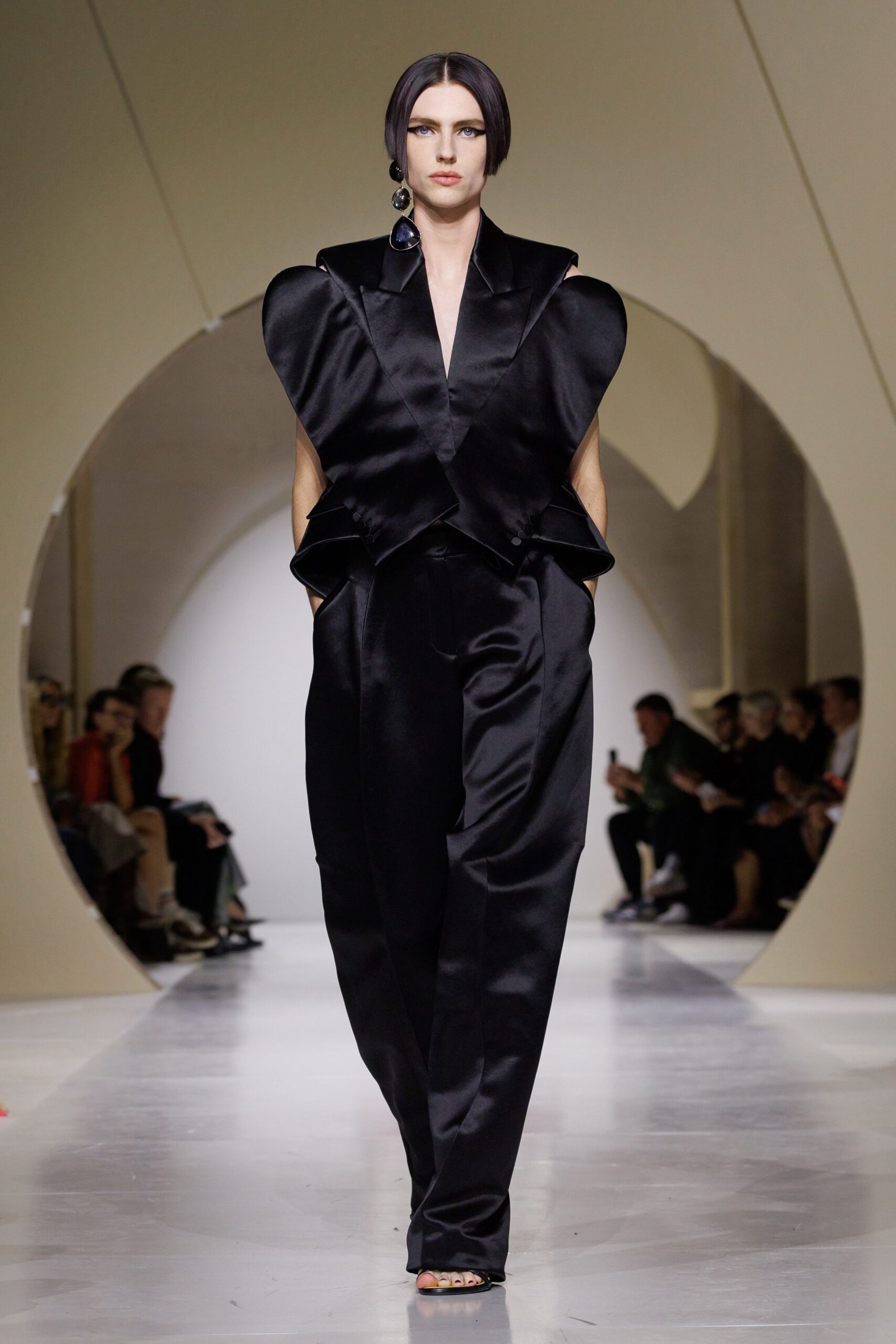 sculptural satin shoulder blazer