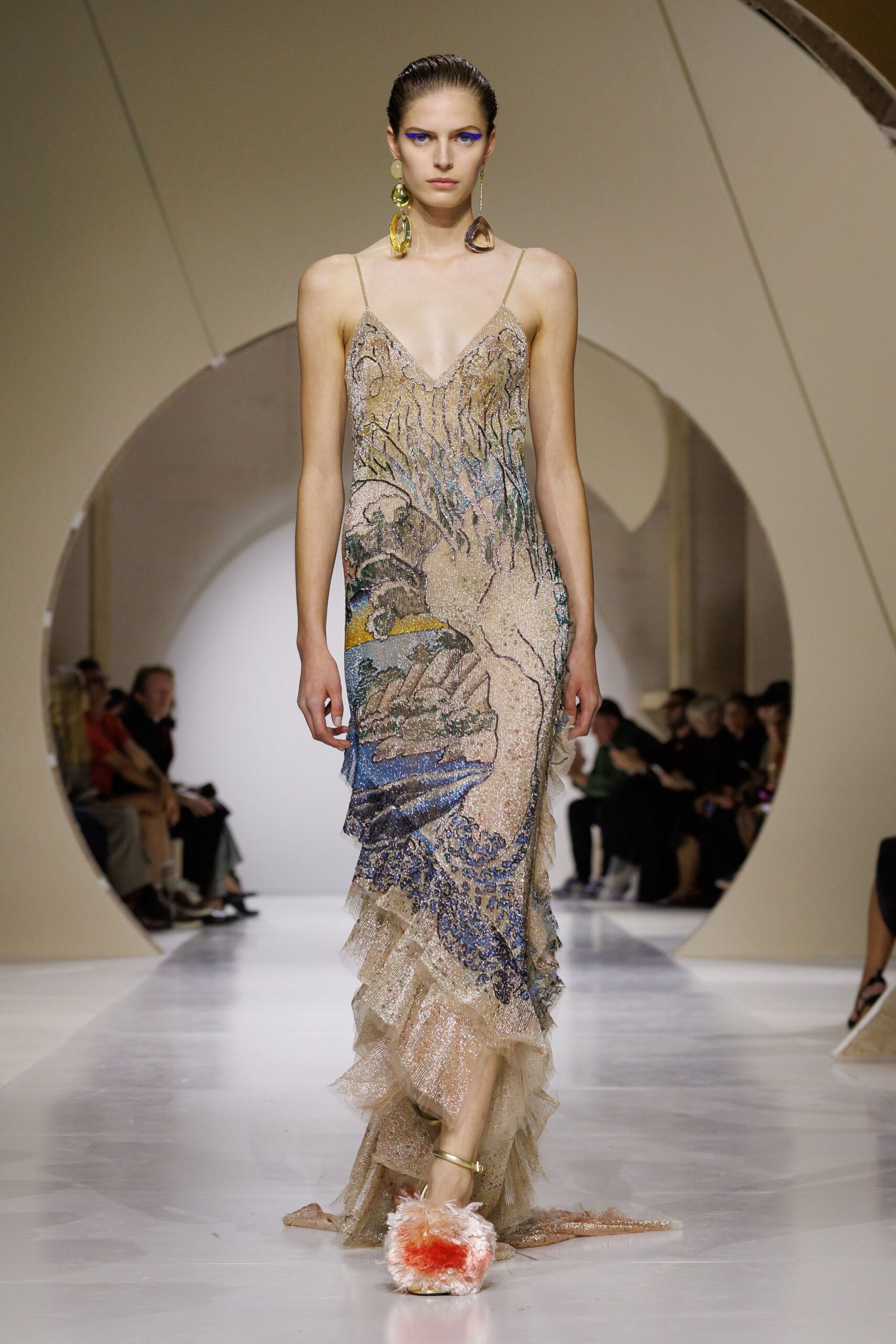beaded printed mermaid slip gown
