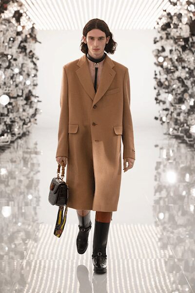 brown wool long-sleeve collared tailored buttoned midi coat