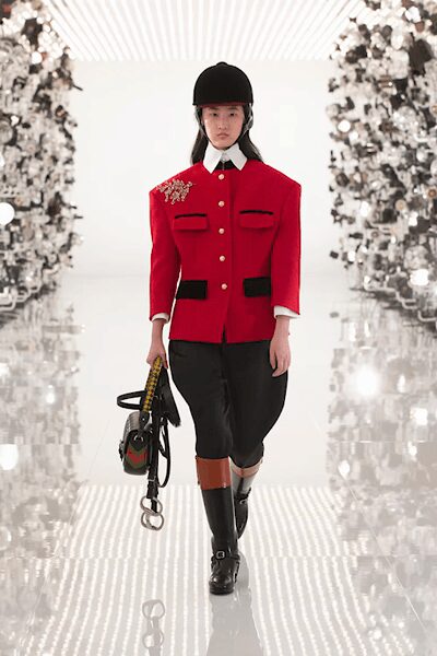red collared long-sleeve structured buttoned embellished jacket