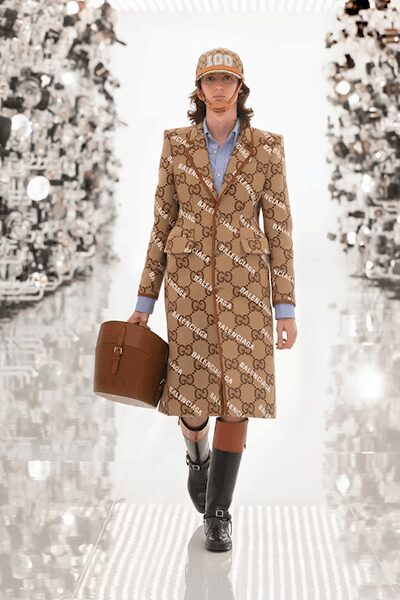 brown long-sleeve collared tailored printed buttoned midi coat