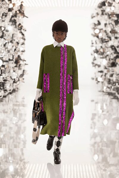 green wool long-sleeve collared embellished pockets textured dress