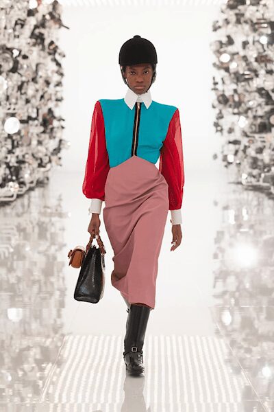 pink long-sleeve collared color-blocked draped midi dress