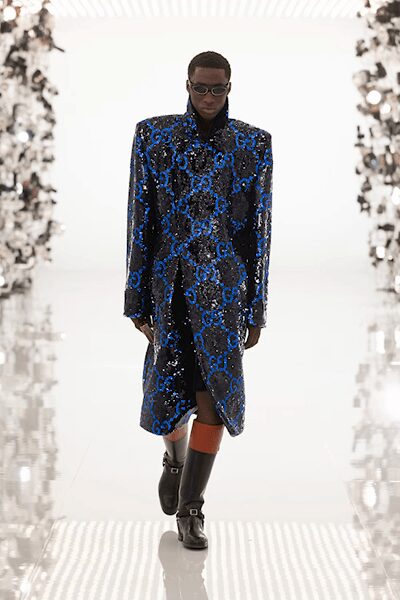 black sequin long-sleeve collared structured sequined buttoned coat