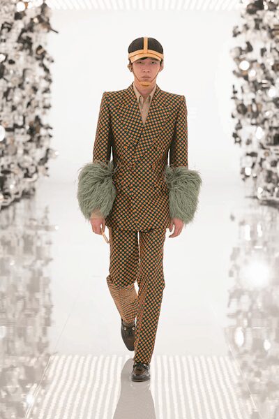 brown fur long-sleeve collared tailored printed buttoned blazer