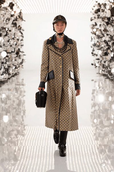 beige jacquard long-sleeve collared tailored printed buttoned coat