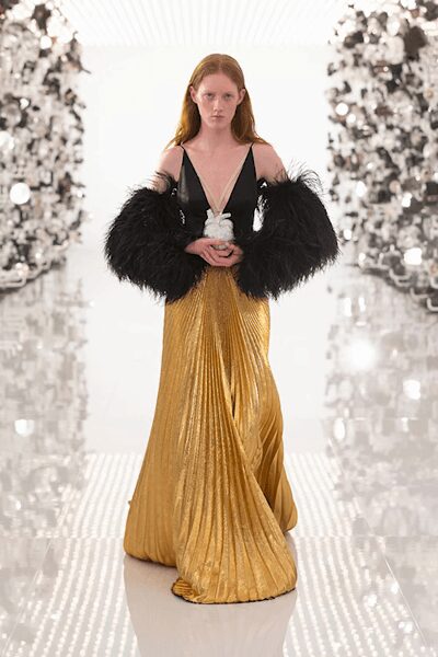 gold pleated evening gown