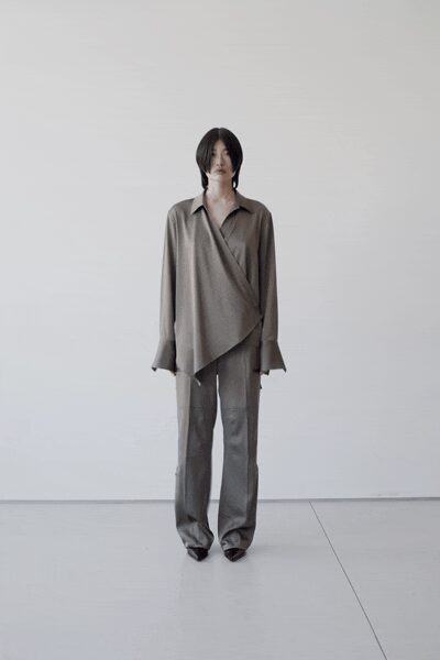 gray long-sleeve collared relaxed draped flowing blouse