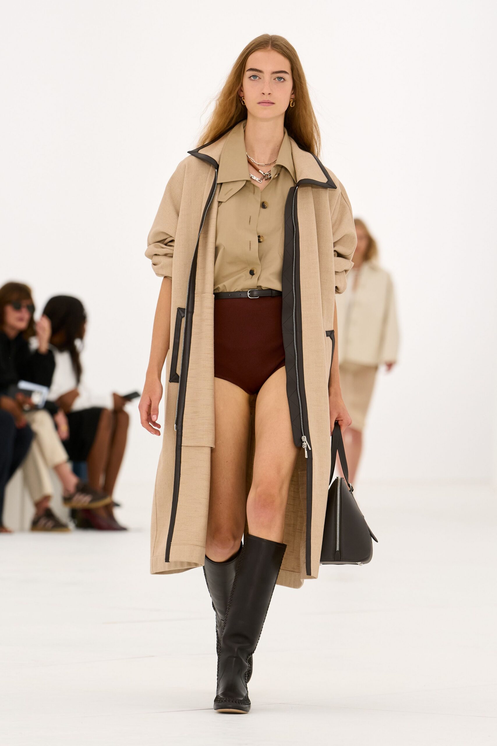 oversized beige zip-front coat