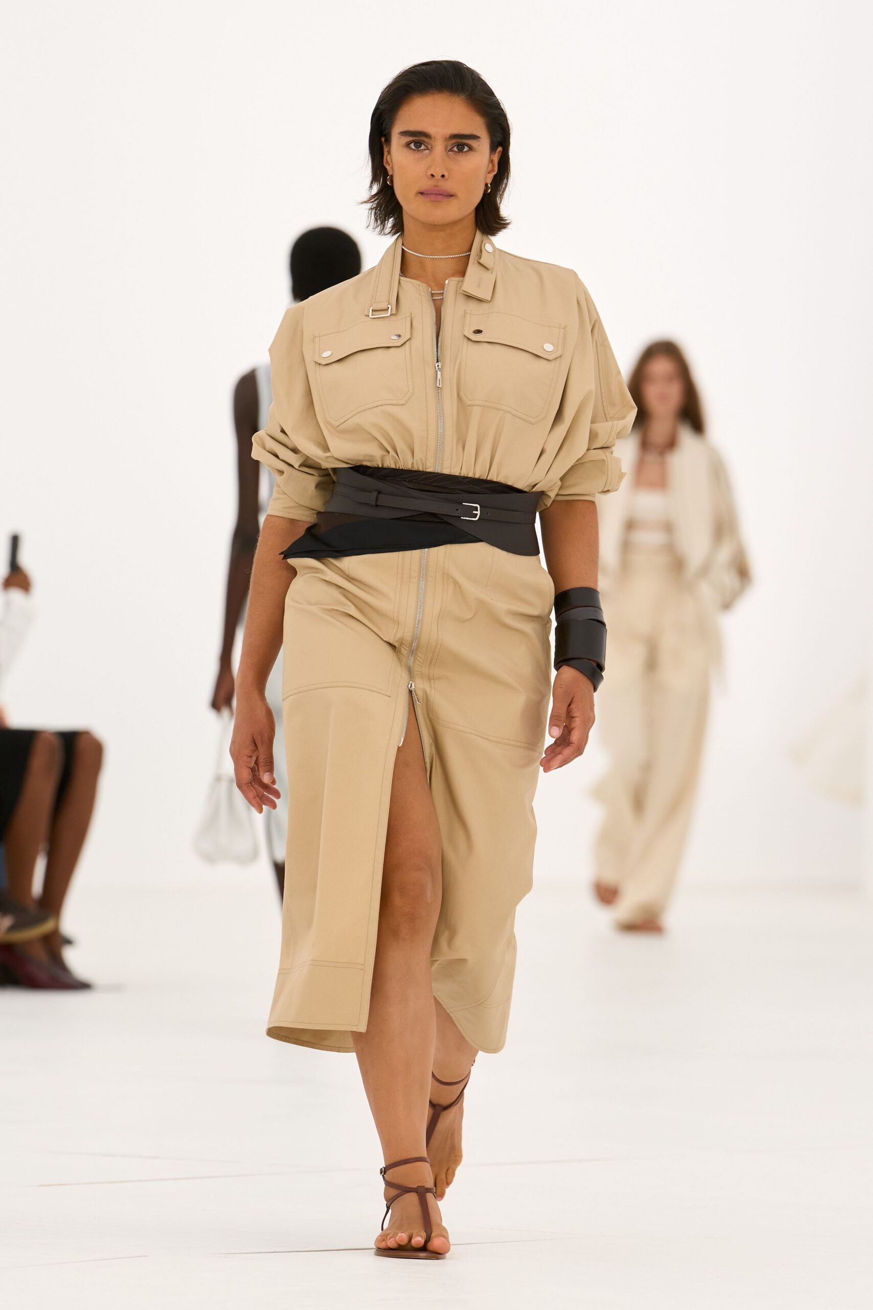 beige utility zip-front midi dress