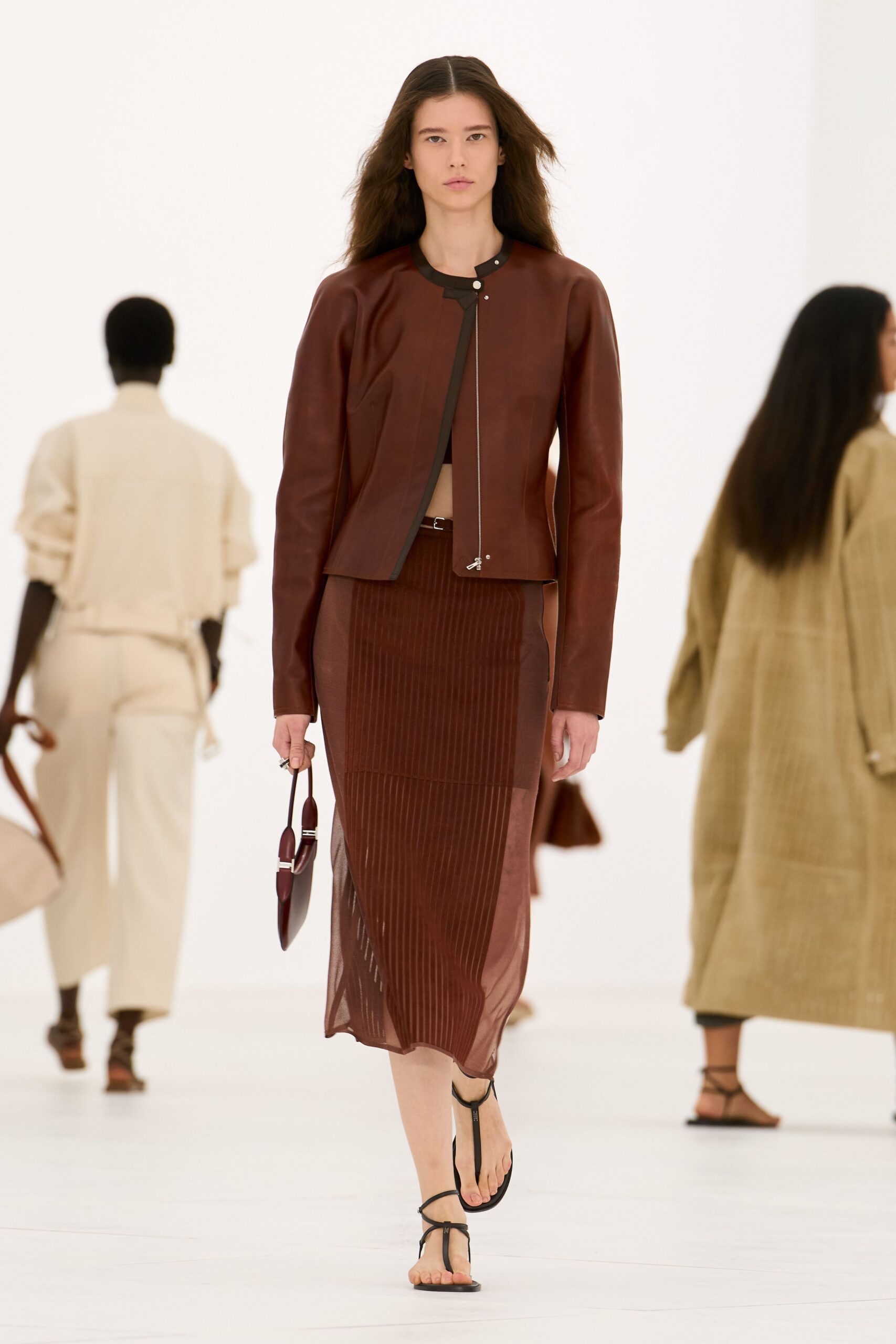 brown leather collarless zip-front jacket