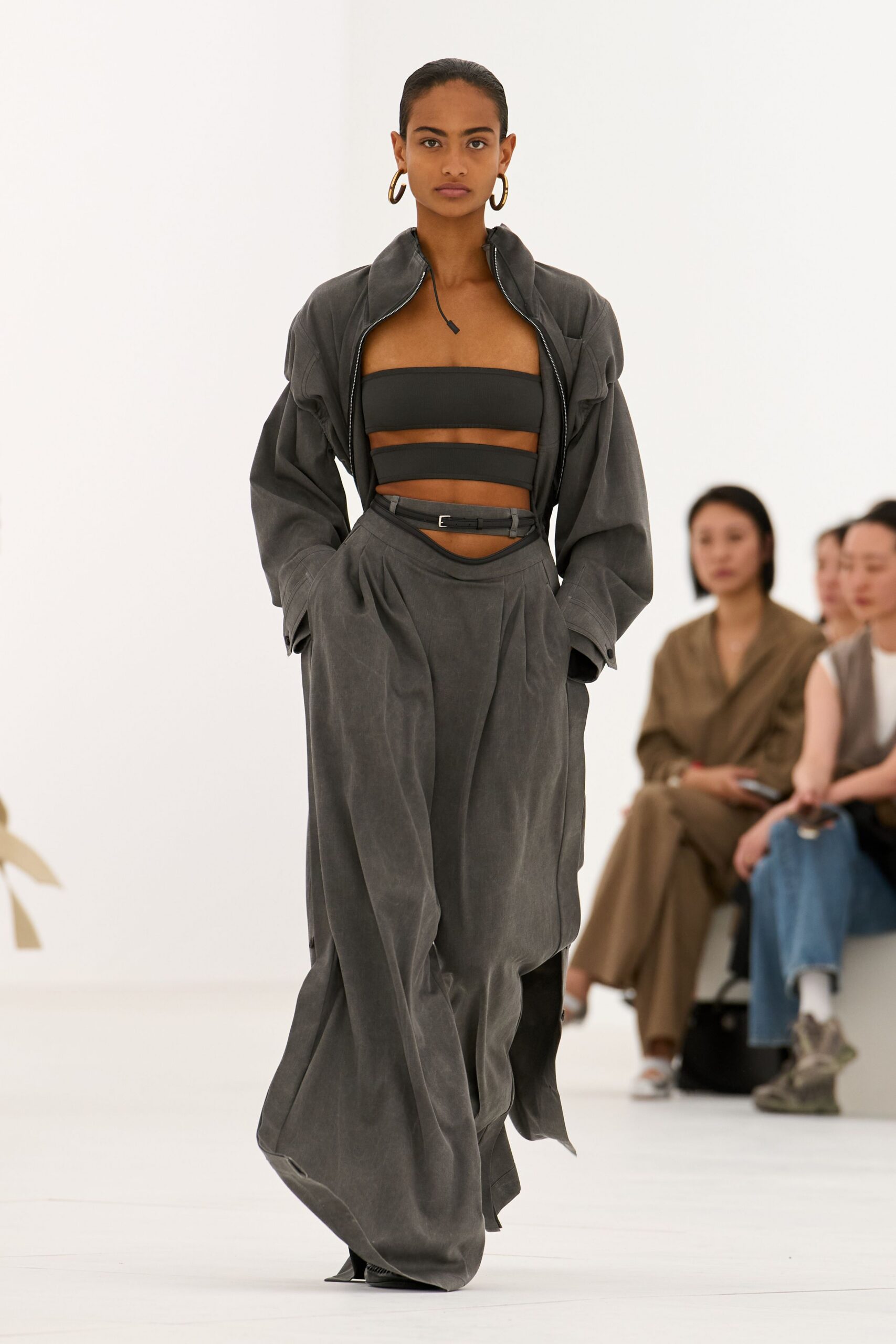 gray bandeau top and draped skirt