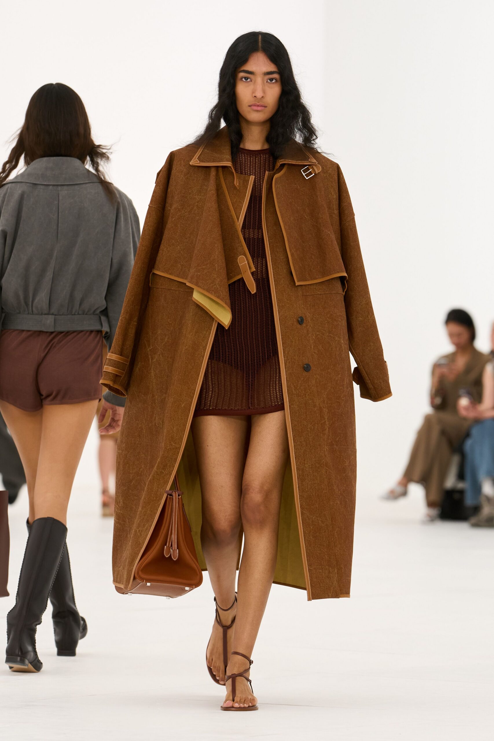 brown cape-overlay maxi coat