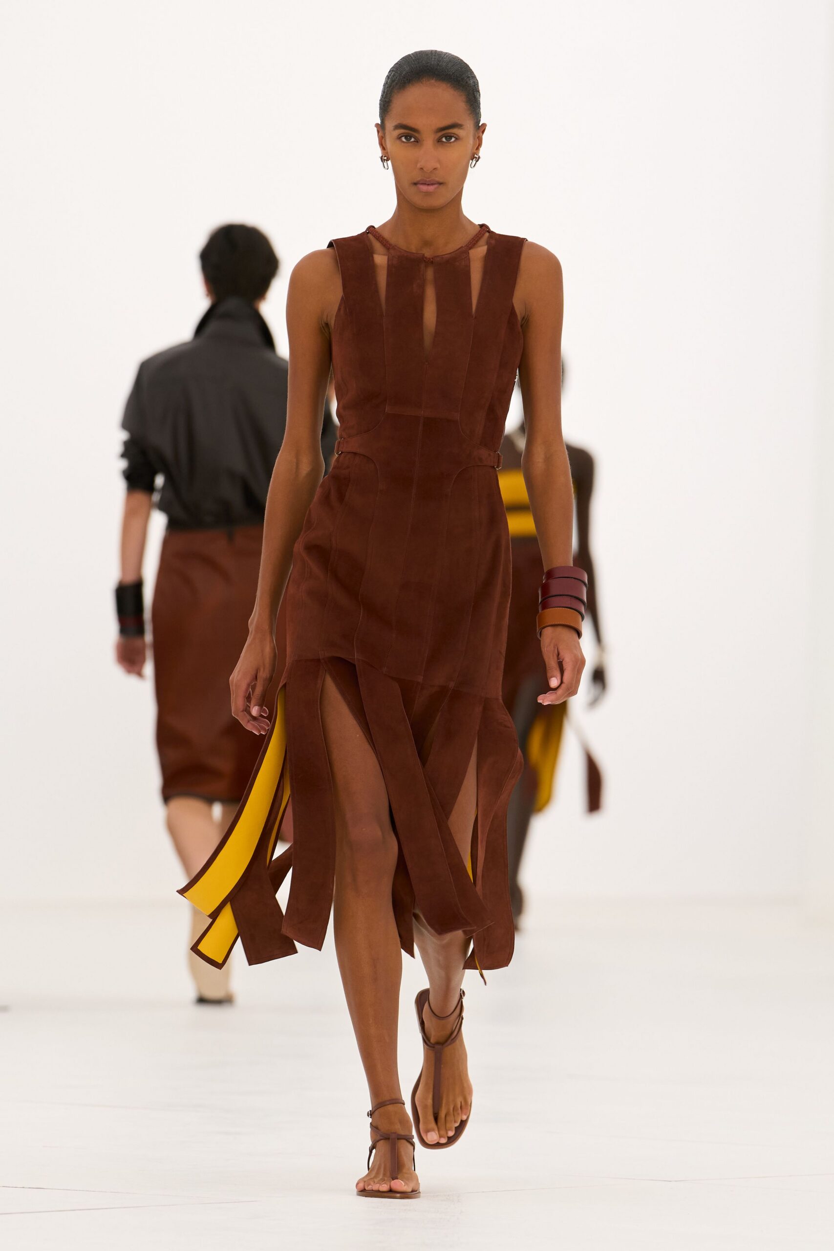 brown suede cutout midi dress