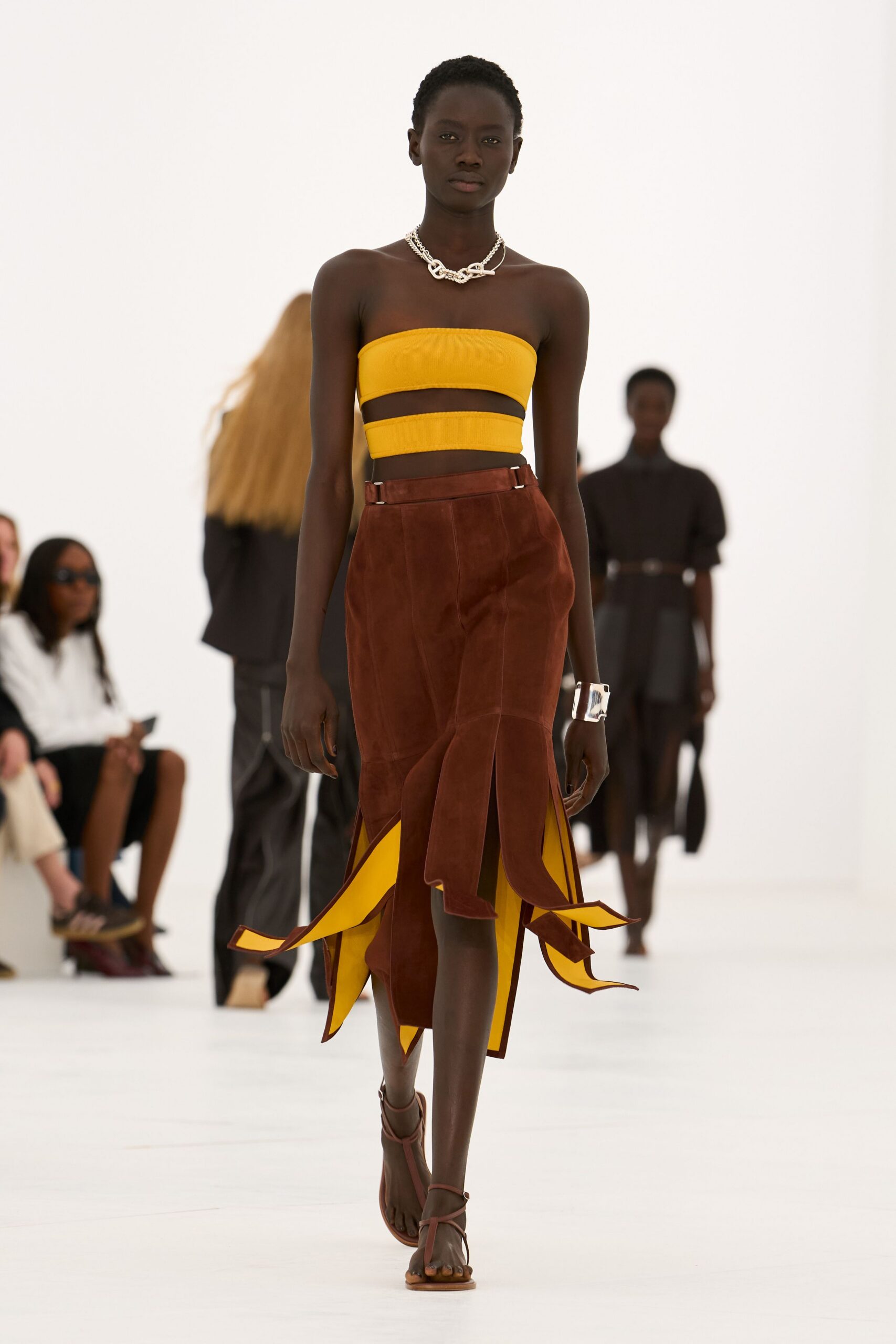 brown suede petal hem skirt