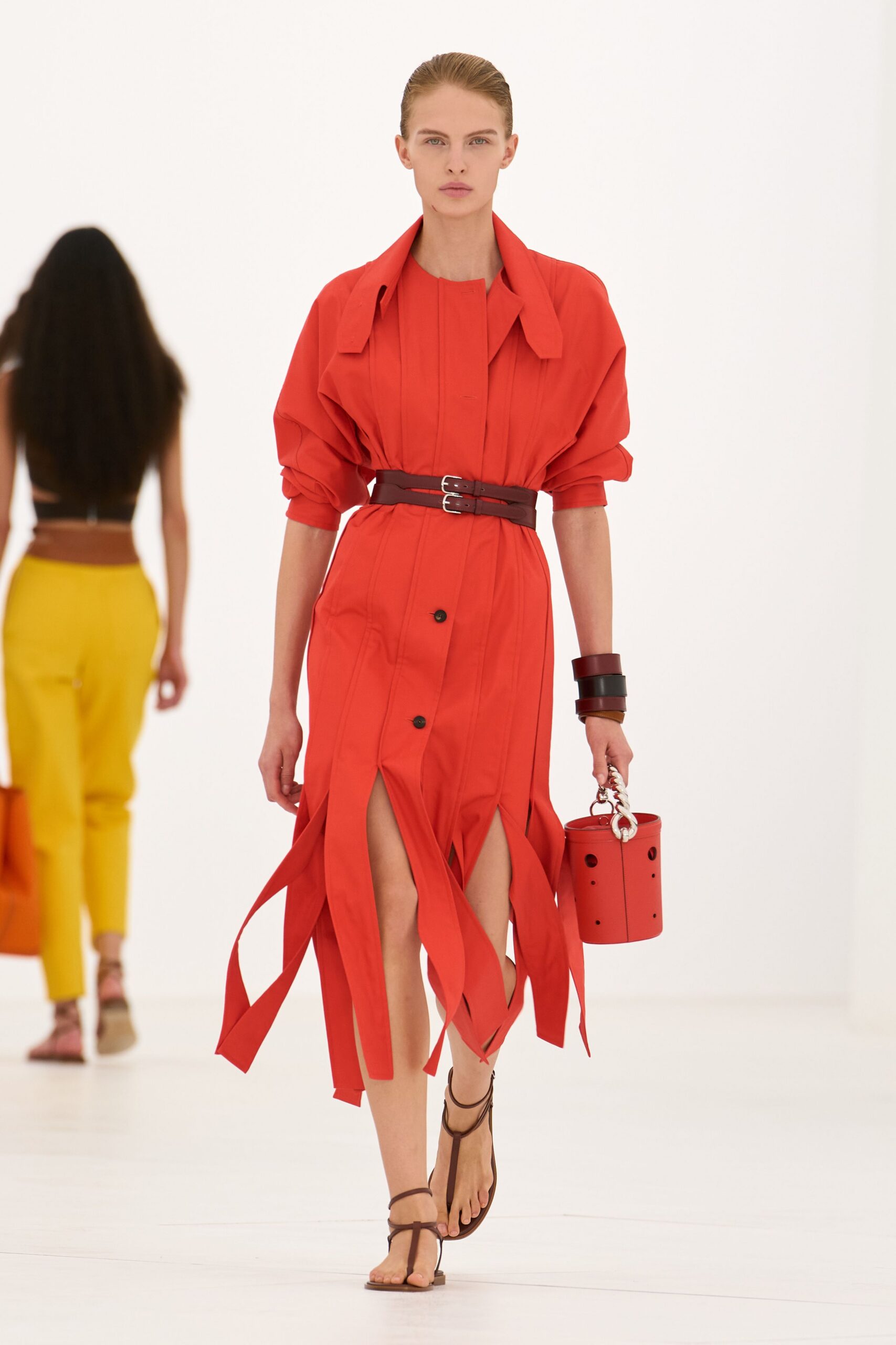 red long-sleeve high-neck belted buttoned midi midi-dress
