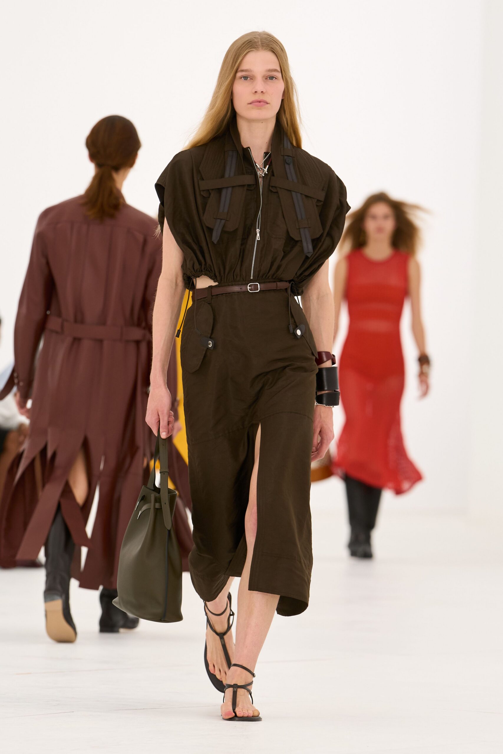 brown utility harness top and slit skirt