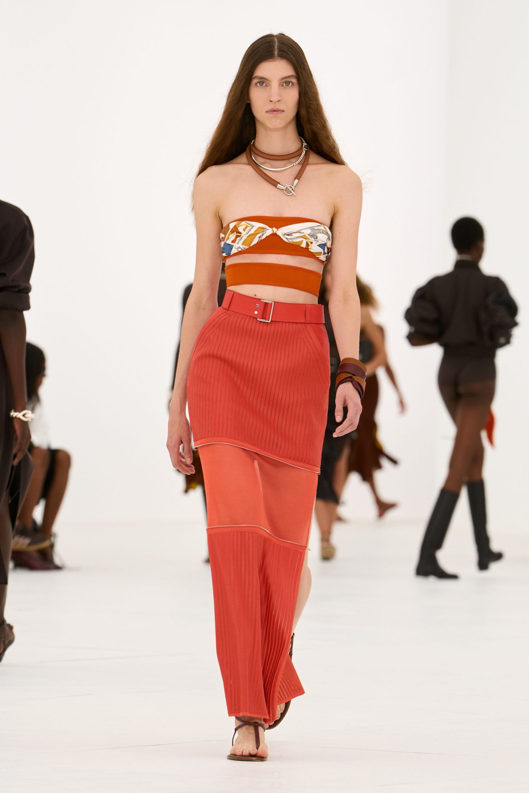 scarf-style bandeau top and ribbed maxi skirt