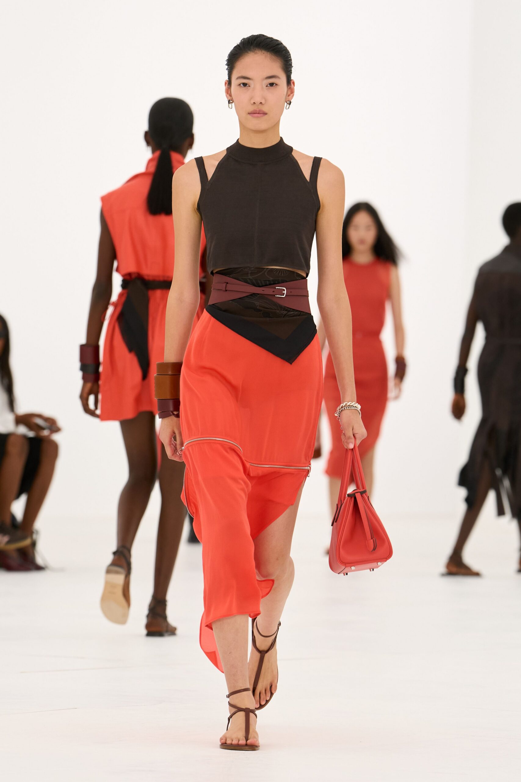 asymmetric zip-detail orange midi skirt