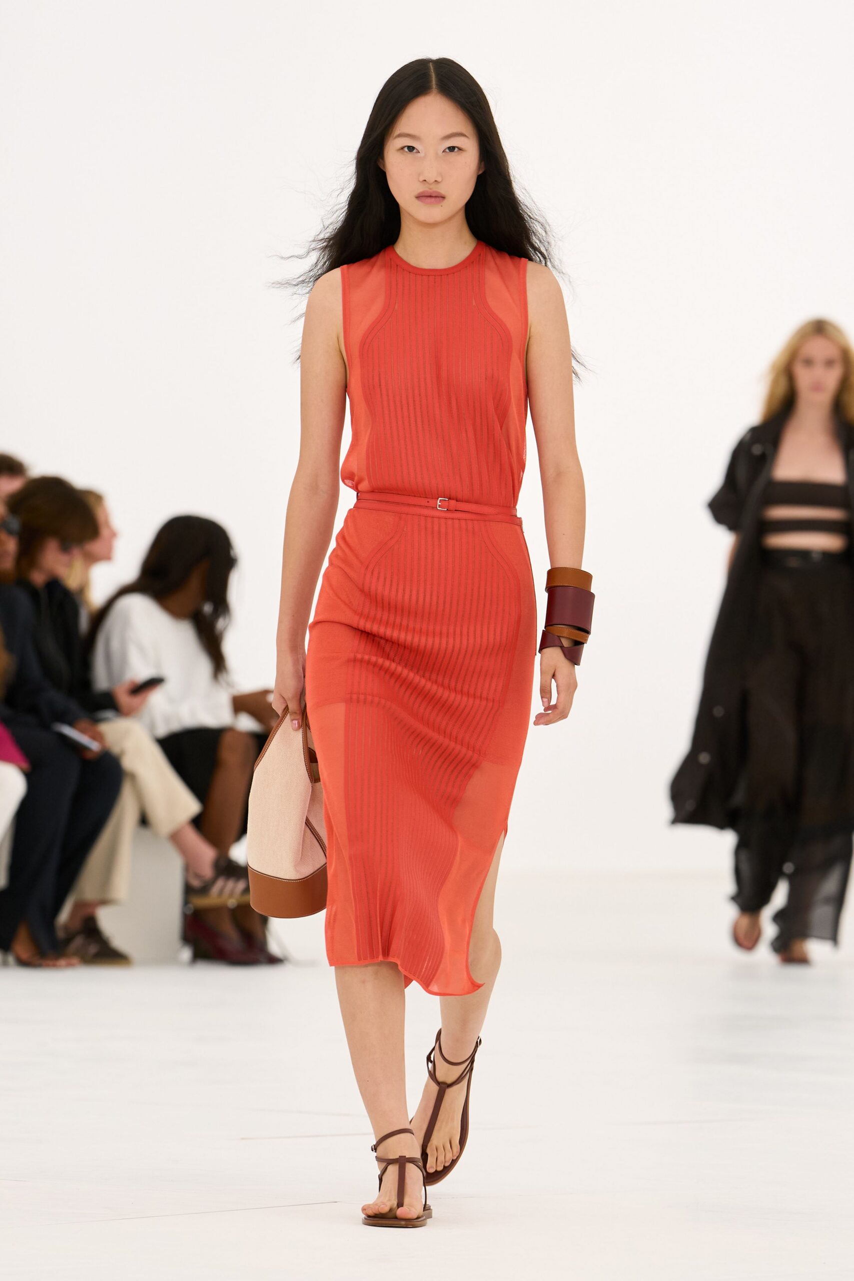 coral ribbed sheer knit midi dress