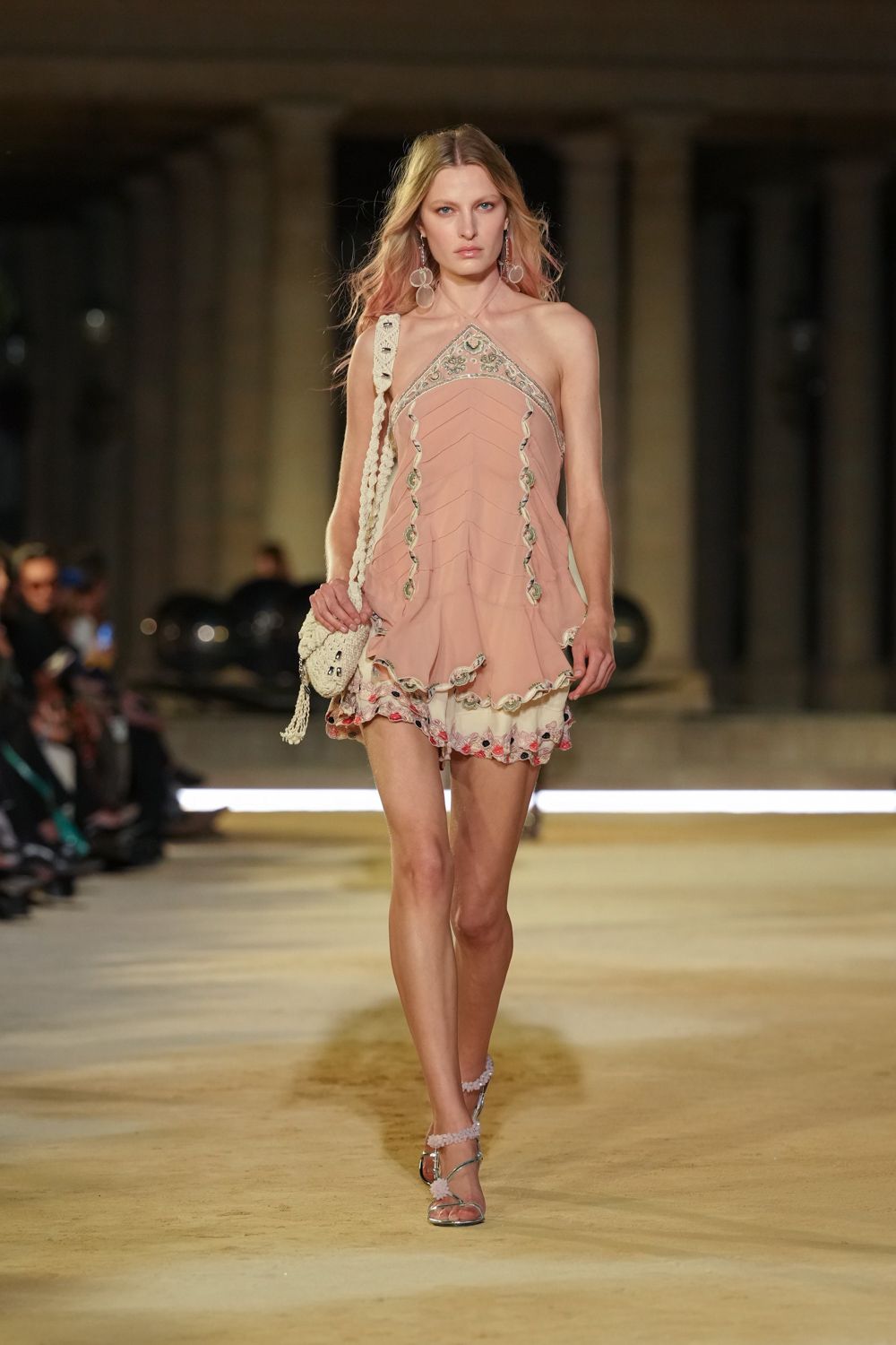 pink embroidered halter mini dress