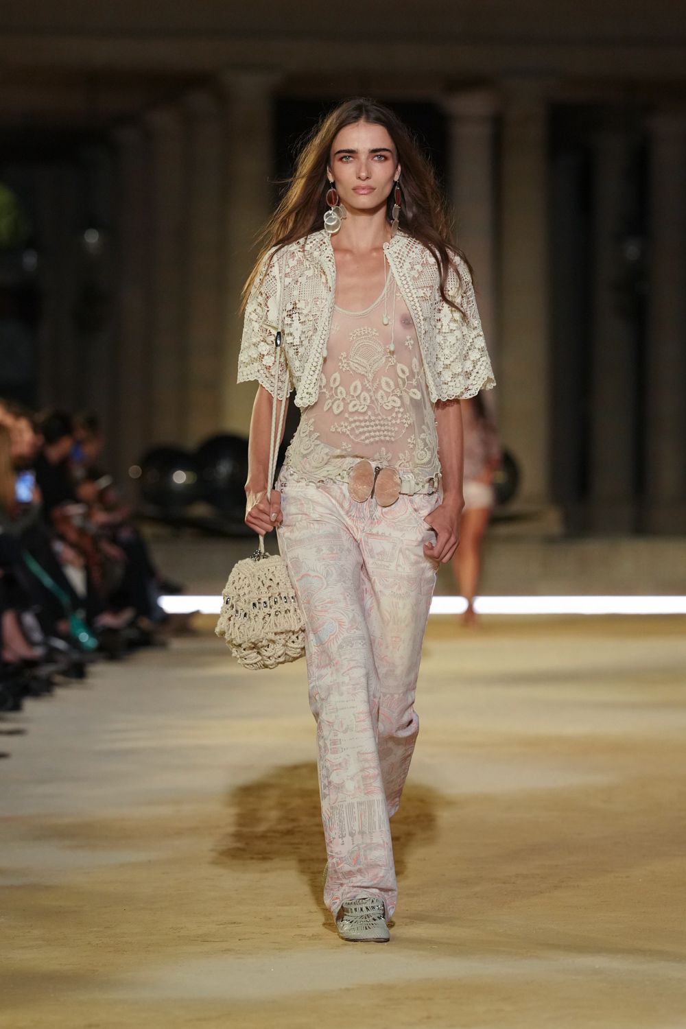 ivory crochet short-sleeve open-front openwork textured cropped jacket