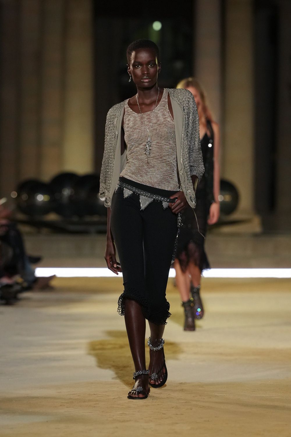 beaded mesh cardigan over ribbed tank