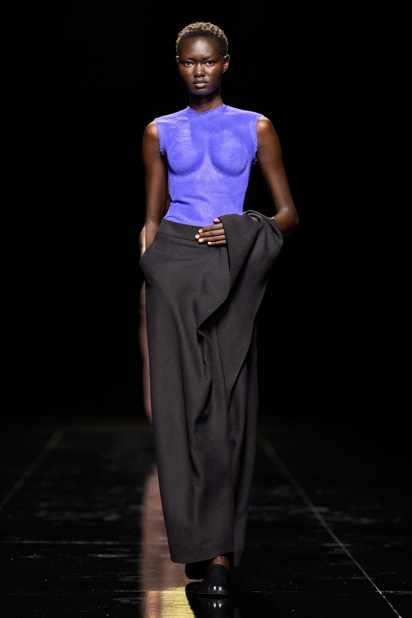 purple mesh sleeveless high-neck fitted sheer top
