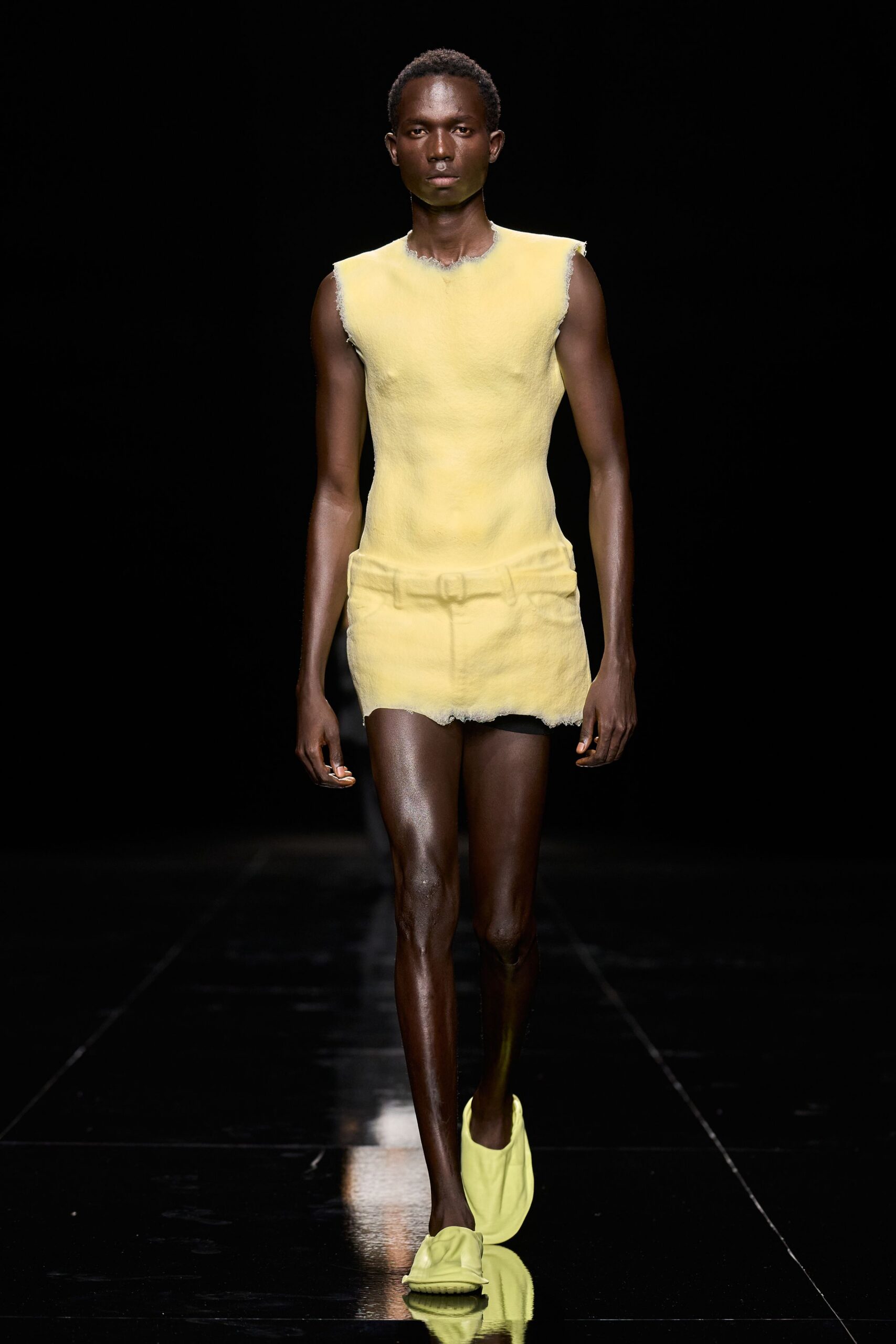yellow raw-edge mini shift dress