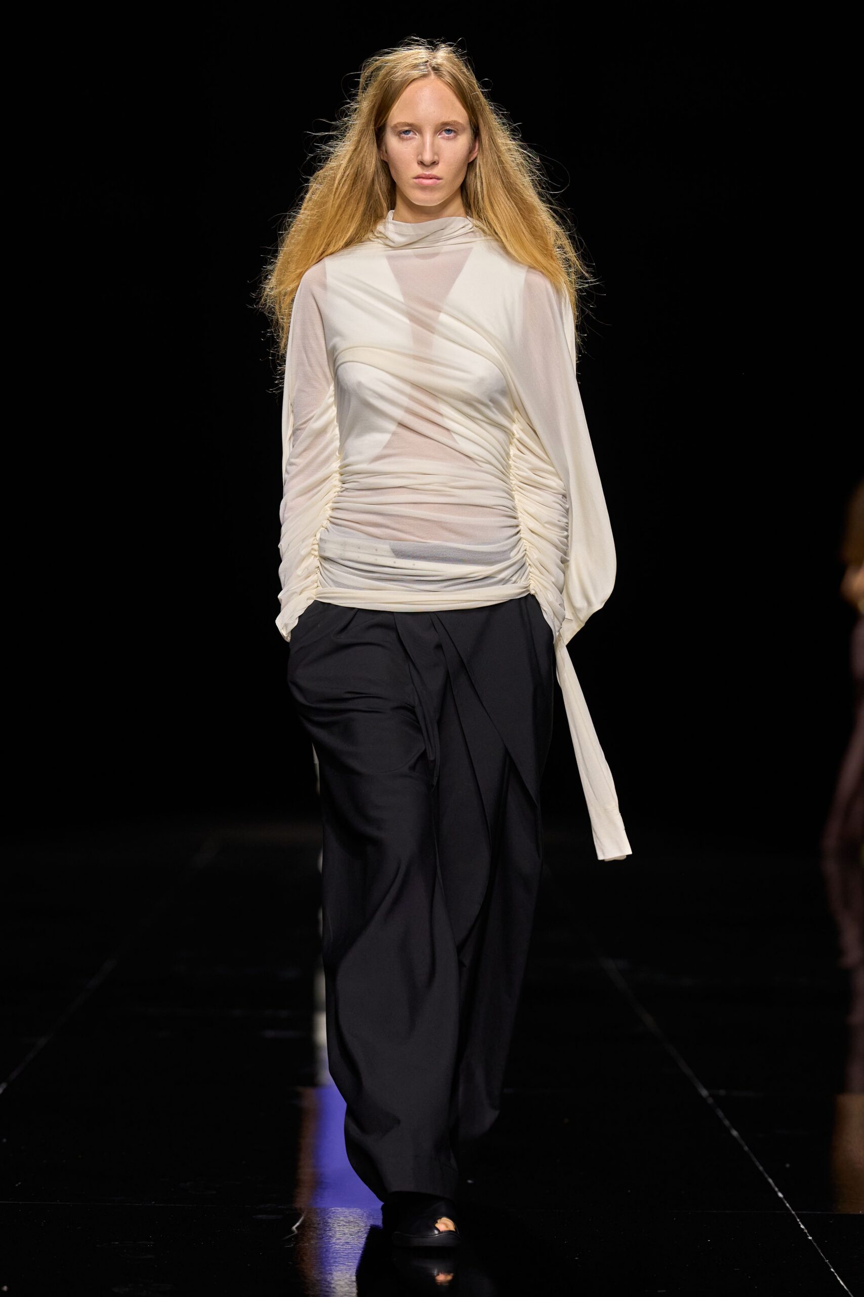 ruched sheer draped mesh top