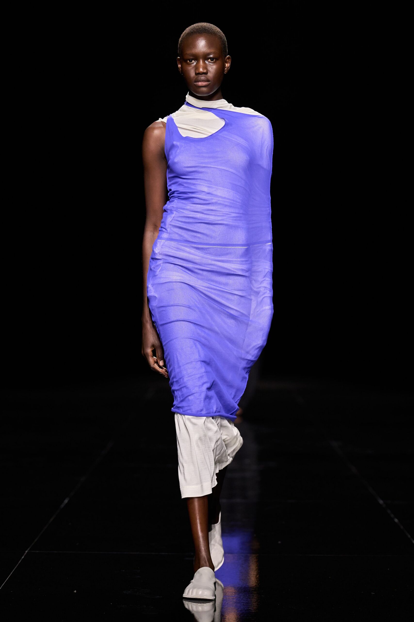 sheer one-shoulder blue mesh dress