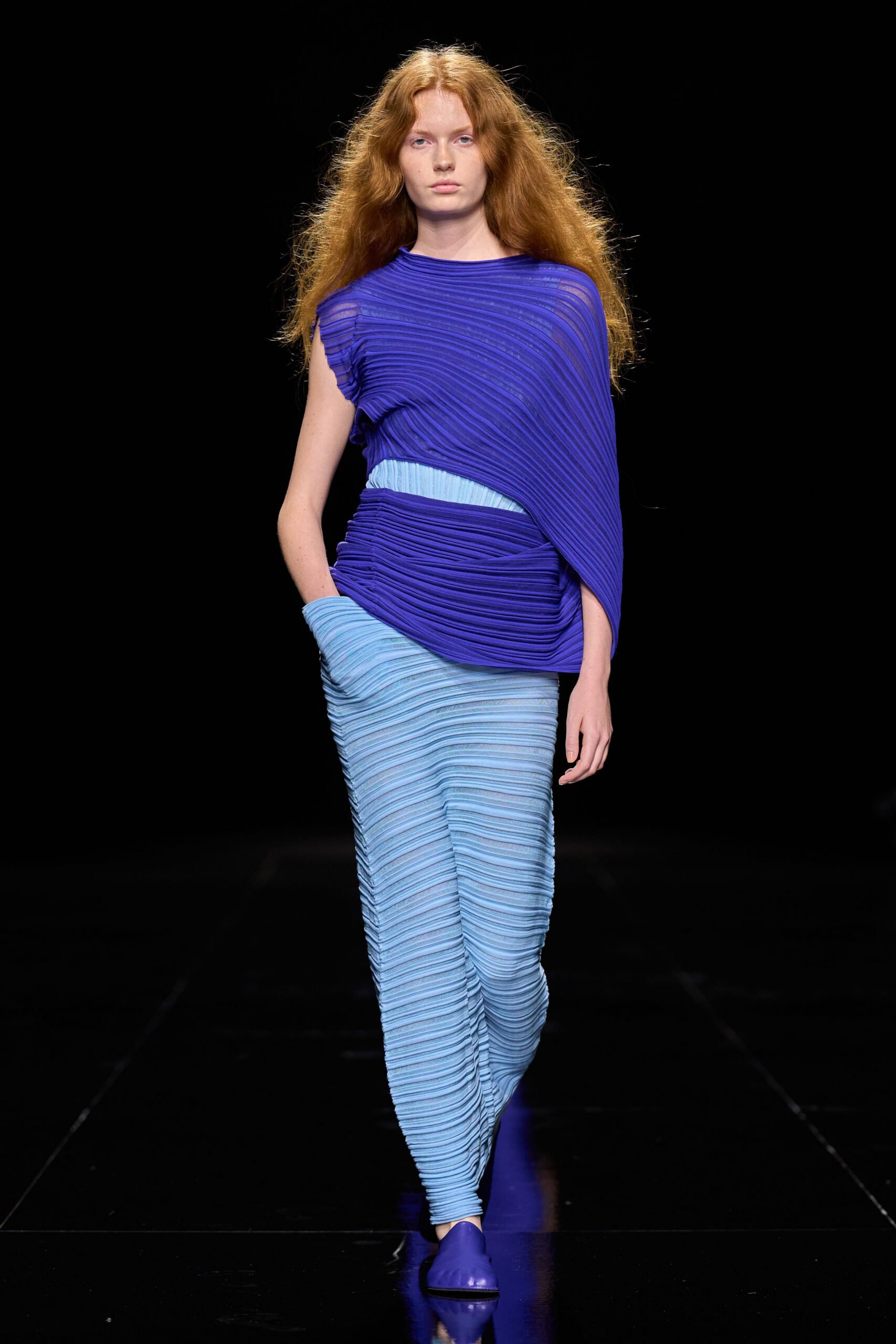 purple high-neck asymmetric relaxed pleated draped textured top