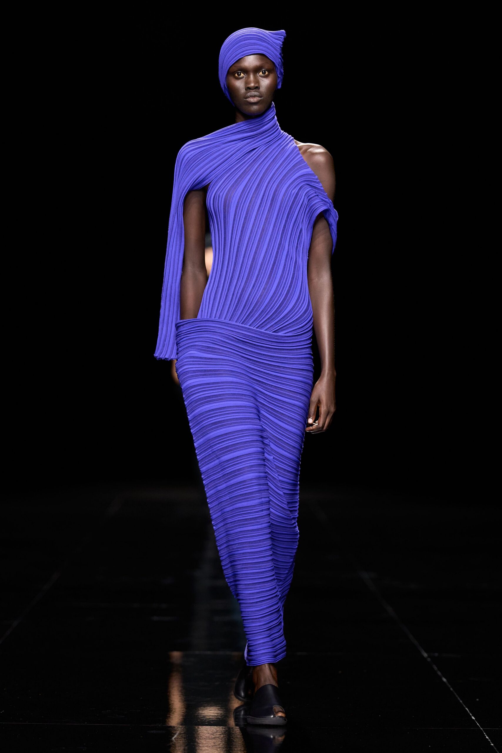pleated asymmetric purple catsuit