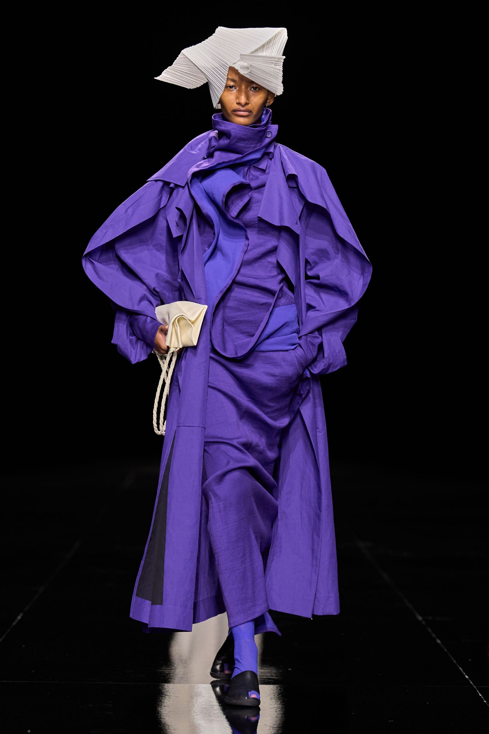 dramatic draped purple maxi coat