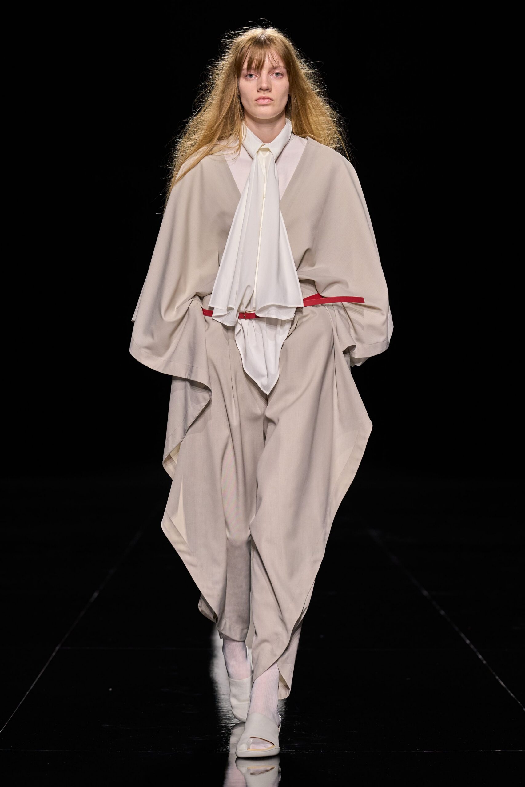 beige draped caftan-style jumpsuit