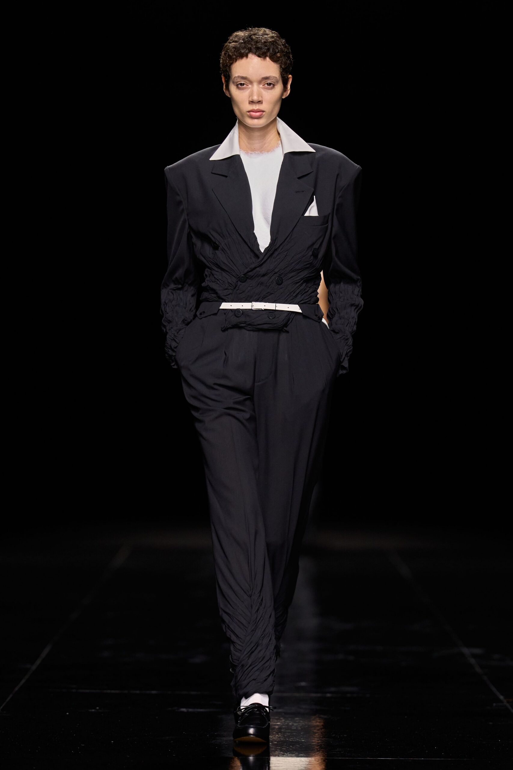 deconstructed ruched black blazer