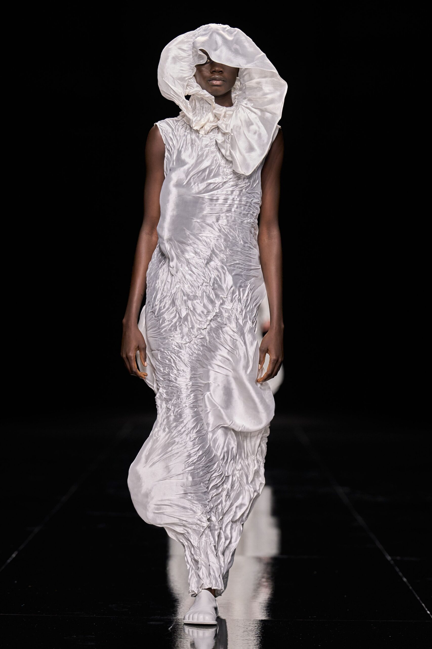 sculptural ruched satin maxi dress