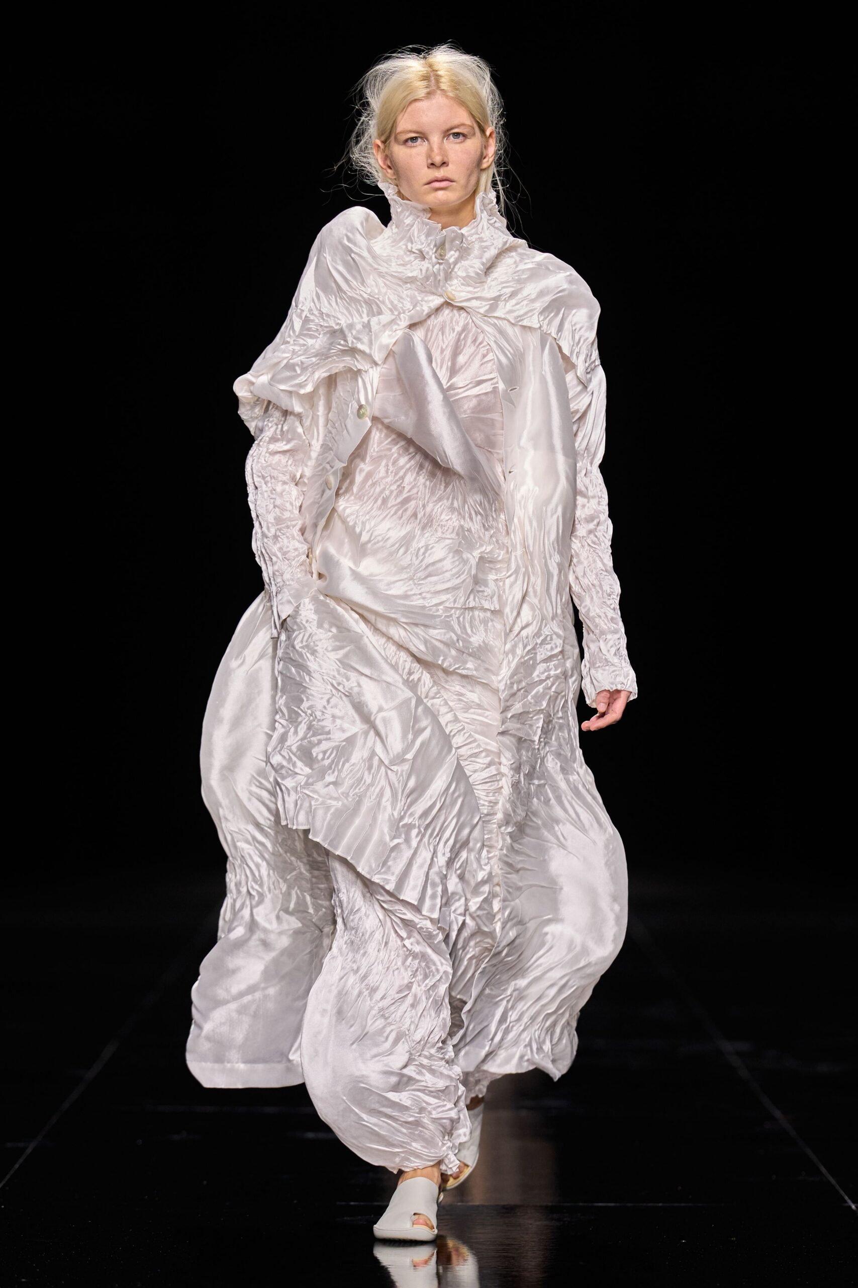 ruffled white satin evening gown