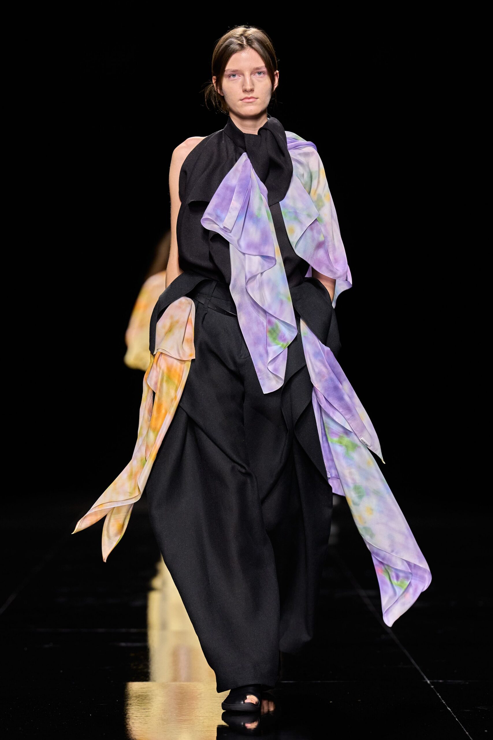 asymmetric black jumpsuit with watercolor drapes