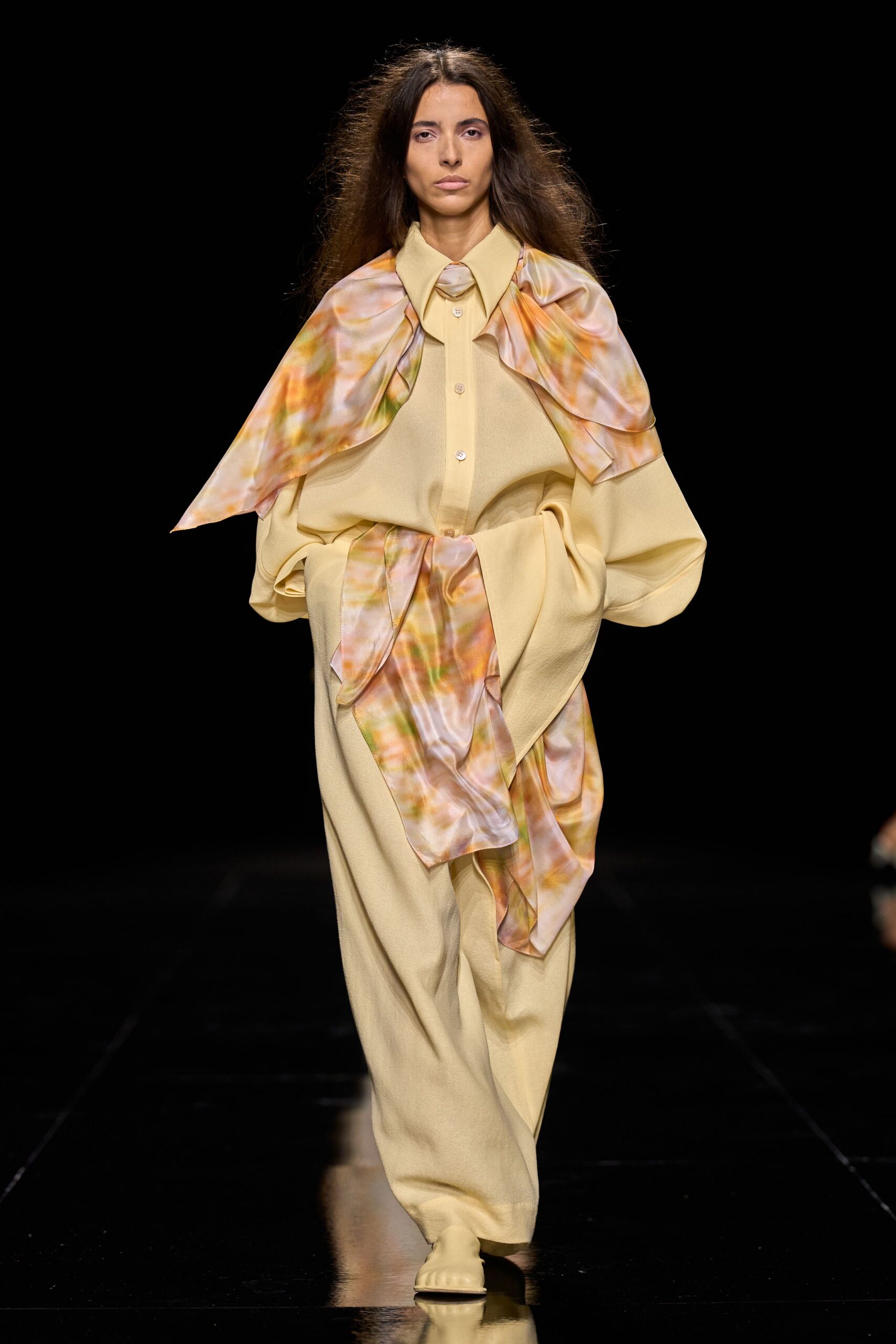 oversized yellow shirt with draped scarf