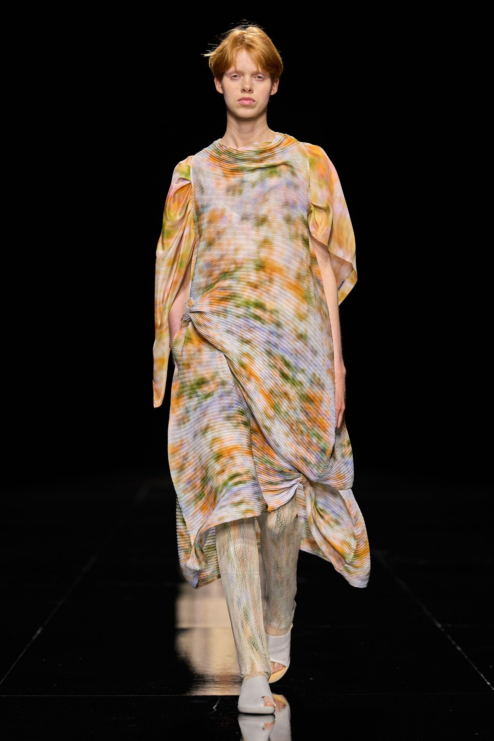 printed draped chiffon maxi dress
