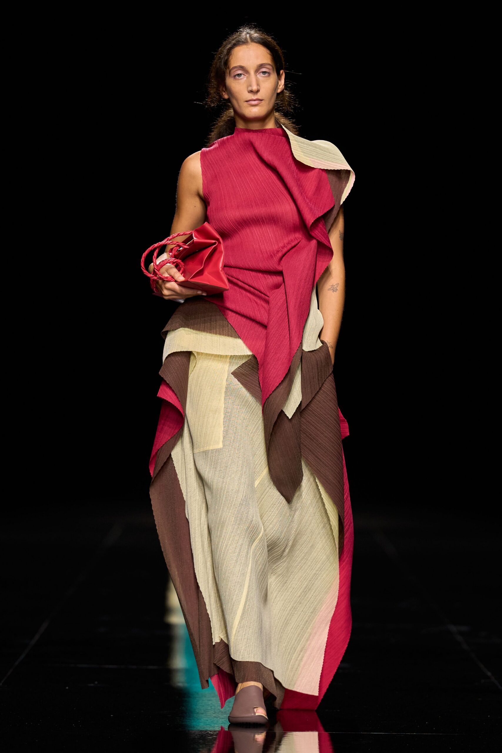 asymmetric pleated color-block maxi dress